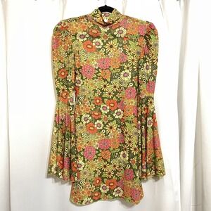 Sugar Thrillz Colorful Mesh Mini Dress Small Retro 70s Bell Sleeve Mock Neck Y2K